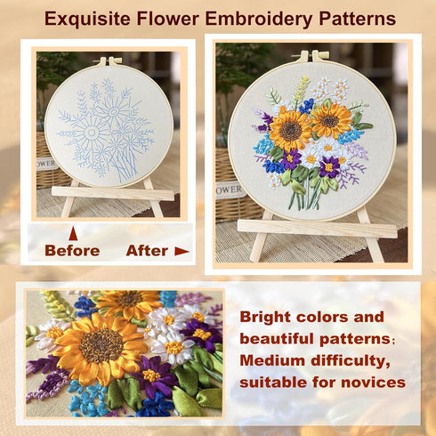 KLOSN 4 Sets Embroidery Kit for Beginners, Sun Flower Ribbon Embroidery Patterns & Basic Embroidery Stitches Kits, Needlepoint Kits for Adults, Be...