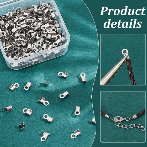 PH PandaHall About 200 Pcs 304 Stainless Steel Fold Over Cord Ends Terminators Crimp End Tips for Leather 4mm for Jewelry Making...