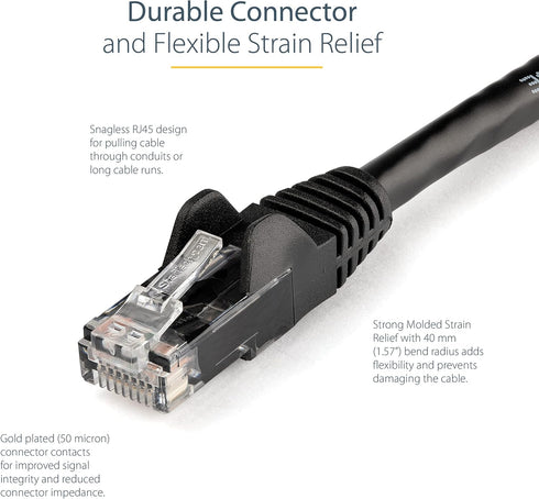 StarTech.com 2ft CAT6 Ethernet Cable - Black CAT 6 Gigabit Ethernet Wire -650MHz 100W PoE RJ45 UTP Network/Patch Cord Snagless w/Strain Relief Flu...