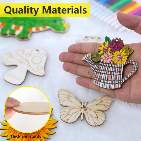 AurGun 40Pcs Unfinished Wooden Cutouts, Spring 8 Styles Wood Butterfly Flower Bee Slices, Blank Wooden Paint Crafts, DIY Wooden Paint Crafts for K...
