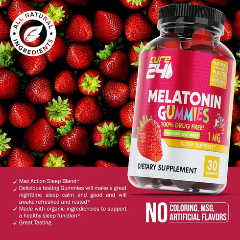 Kids Melatonin Gummy, Effective 1MG Sleep Gummies Supplement for Children 3+, Drug-Free, Natural Fruity Strawberry Flavor, Made in USA...