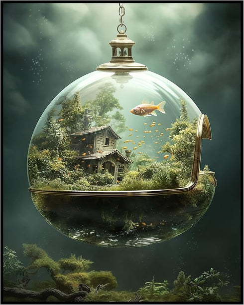 Posterizer 1 pcs-cute dreamy surreal fish glass house-Abstract & Modern Art-Fantasy & Fiction Art-Gift for Art Lovers-Decor for Home & Office- UNF...