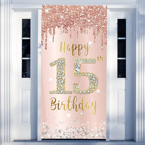 Happy 15th Birthday Door Banner Decorations for Girls, Pink Rose Gold 15 Birthday Party Backdrop Door Cover Sign Supplies, Fifteen Year Old Birthd...