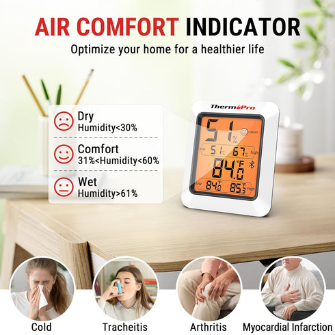 ThermoPro Hygrometer Thermometer for House TP350, Bluetooth Room Indoor Greenhouse Thermometer Monitor Up to 260FT, Backlit Humidity Meter Tempera...