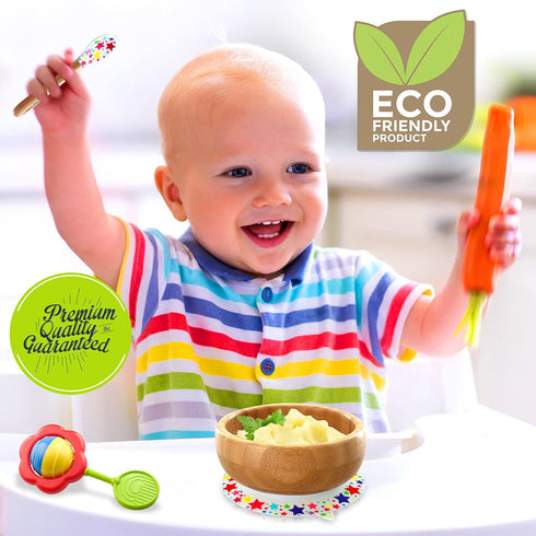 NutriChef Bamboo Baby Feeding Bowl - Wooden Infant Toddler Dish and Spoon Set w/Silicone Suction Base for Stay Put Eating, For Children Aged 4-72 ...