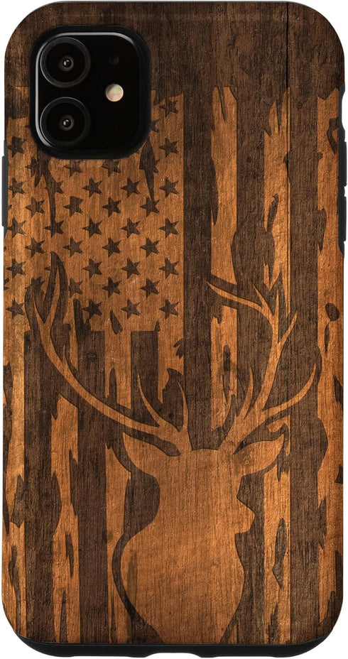 iPhone 11 Deer Buck with Flag on Wood-like Background Case...