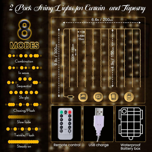 195 LED Curtain Tapestry Lights Backdrop String Lights, 6.5 x 5 Feet Hanging Fairy Curtain Lights with 8 Lighting Modes and Remote for Bedroom Win...