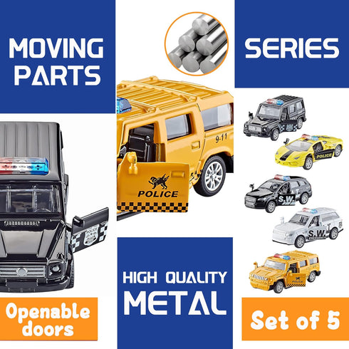 Die Cast Metal Little Toy Cars Set of 5, Openable Doors Pull Back Car Gift Pack for Kids (Police car)...