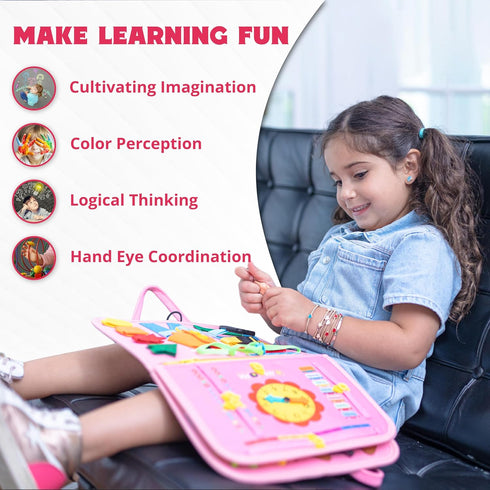 Toddler Busy Board for 1 Year Old + Busy Book for Toddlers 1-3 with 25+ Educational Activities, Airplane Travel Essentials for Kids (Pink)...