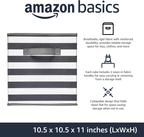Amazon Basics Collapsible Fabric Storage Cube Organizer with Handles, 10.5 x 10.5 x 11 Inch, White/ Light Grey Stripe - Pack of 6...