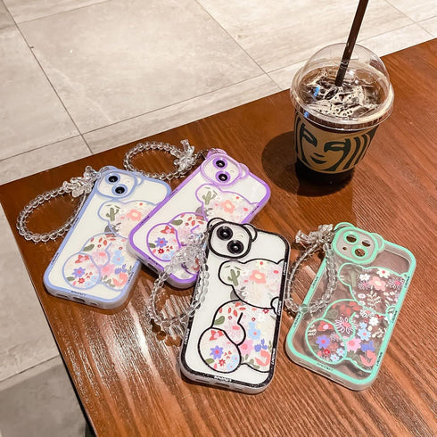 Case for iPhone 11 Pro Max with Cute Flowers Bear Pattern, Camera Protector, Clear Case and Lovely Strap Bracelet Chain for Girls Women, Compatibl...