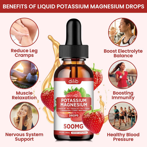 Potassium Magnesium Citrate Supplement, Liquid Magnesium Citrate Drops 500mg with Ashwagandha, Calcium, Zinc, Vitamin D3, B6, B12, CoQ10 - Support...