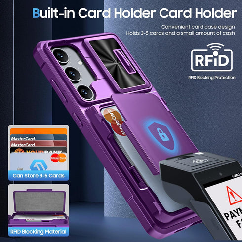 for Samsung Galaxy S24+ Plus Case with Card Holder, Slide Camera Cover & Built-in RFID Blocking & Durable Kickstand Silicone Edge Shockproof Walle...