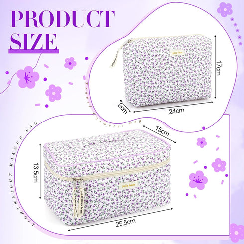 2 Pcs Cotton Quilted Makeup Bag, Large Travel Coquette Cosmetic Bag, Aesthetic Cute Floral Cherry Peony Toiletry Organizer skincare Bag for Women ...