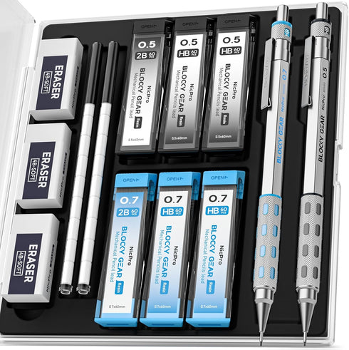 Nicpro 2 Pack Blocky Gear Metal Mechanical Pencils Set with Case, 0.5 mm & 0.7 mm Lead Drafting Pencil with 6 Tube (360PCS) Lead Refills(HB 2B), 3...