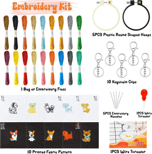 WATINC 10Pcs Embroidery Kit for Kids Stamped Cross Stitch, DIY Key Chain with Puppy Patterns Needlepoint Starter Kits, Craft Supplies for Beginner...