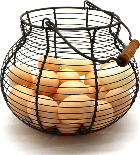 CVHOMEDECO. Antique Wire Egg Basket with Wood Handle Primitives Vintage Gathering Basket. Rusty...