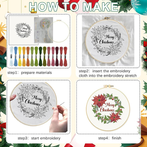 INFUNLY 4 Sets Christmas Embroidery Kits Cross Stitch Kits for Beginners with Instructions Embroidery Starter Kit for Adults 11.8x11.8in Elks Embr...