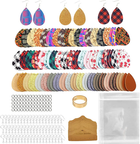 AOUXSEEM 401 Pcs Faux Leather Earrings Making Kit, Contains 120 Pcs Random Double Sided Teardrop Precut Earrings Pieces Hooks Jump Rings Opener Di...