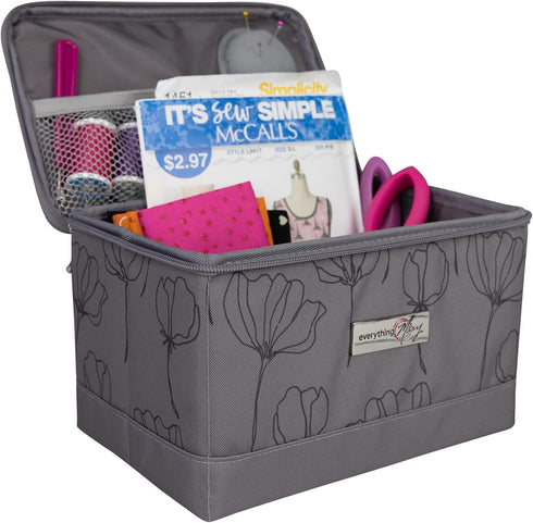 Everything Mary Collapsible Sewing Kit Organizer Box, Grey floral - Supplies Storage Basket for Supplies and Accessories - Organization for Thread...