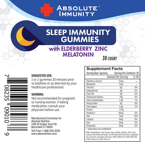 Absolute Immunity- Zinc and Elderberry Sleep Gummies with Melatonin, 100% Drug Free Sleep Aid, Immune System Support, Adults and Kids 30ct...