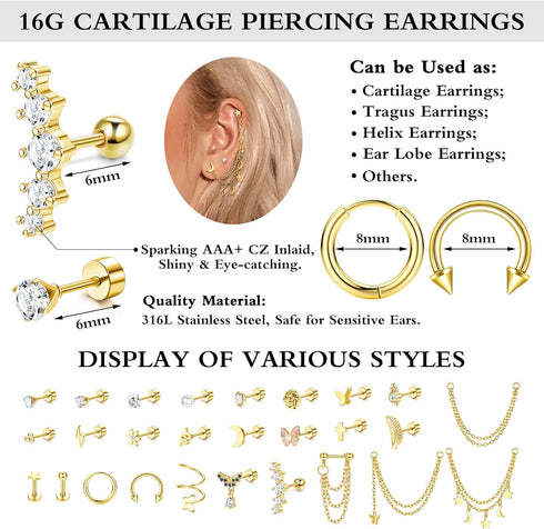 BESTEEL 16G Hypoallergenic Flat back Stud Earrings Hoop Set Cute CZ Opal Stainless Steel Cartilage Stud Earrings for Women Men Chain Dangle Conch ...