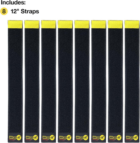 Selfie Straps by Wrap-It Storage, 12-inch (8-Pack), Black - Stretchy Hook and Loop Cord Organizer that Stays Attached to Cord for Electrical Cable...