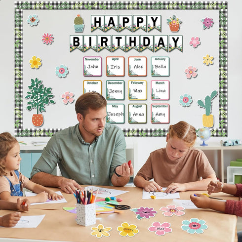61PCS Happy Birthday Bulletin Board Decorations Floral Birthday Charts Flower Theme Bulletin Board Set Birthday Calendar Flower Greenery Paper Cut...