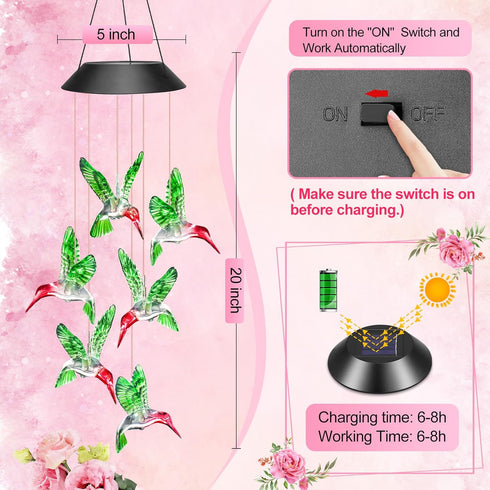Winzwon Birthday Gifts for Women Mom Grandma, Solar Hummingbird Wind Chimes for Outside Solar Lights Outdoor Decor Hanging Mobile Garden Yard Pati...