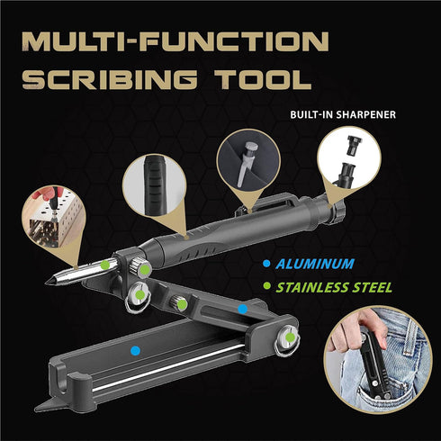 Multi-function Scribing Tool, Zinc Alloy Smart Scribe Tool with Solid Carpenter Pencil, DIY Scribe Tool woodworking, Gauge Scriber Line Maker, Mea...