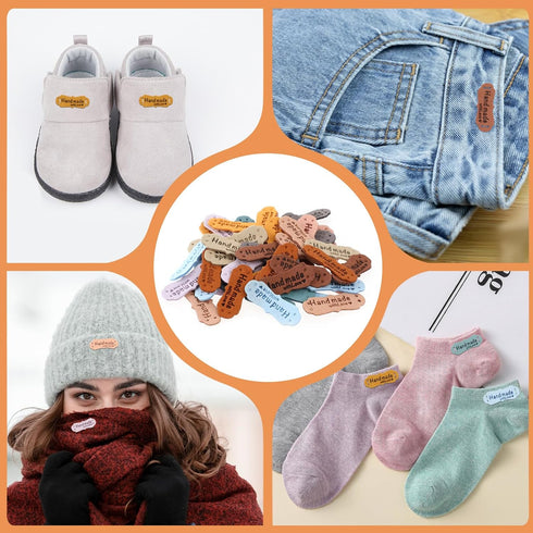 60Pcs Handmade Sewing Labels, PU Leather Labels Sewing Labels for Handmade Items with Hole DIY Sewing Lables for Embellishment Crochet Knitting Ha...