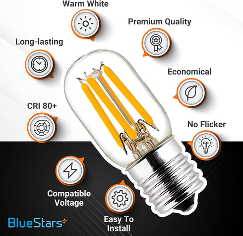 BlueStars E17 T7 LED Light Bulb 2W 120V (25W Incandescent Equivalent), Energy Saving, 2700K Warm White, 220lm for Microwave Oven, Range Hood, Refr...