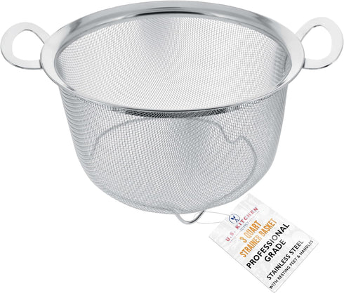 U.S. Kitchen Supply Stainless Steel Colander Strainer Basket - 3-Quart Colander with Resting Feet & Handles - Wide Rim Sieve, Stainless Steel Stra...