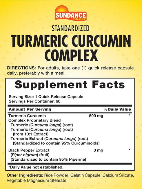 Turmeric Curcumin Complex | 60 Quick Release Capsules | Traditional Herbal Supplement | Non-GMO and Gluten Free Formula | by Sundance...