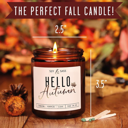 Fall Candles - 'Hello Autumn' Fall Candle w/Apple, Cinnamon & Nutmeg I Infused with Essential Oils I Autumn Fall Scented Candles I Cozy Cute Fall ...