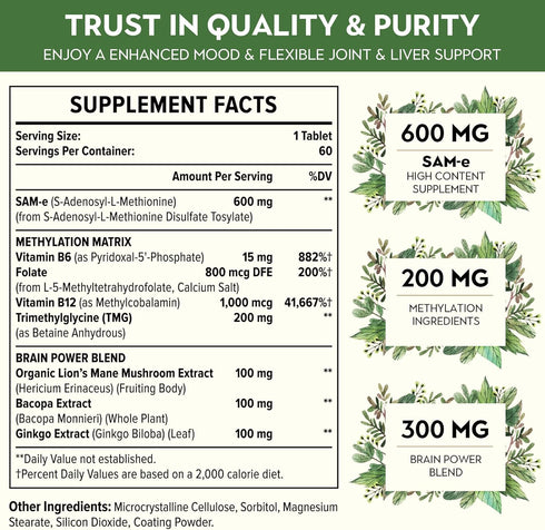 1100mg SAM-e (S-Adenosyl-L-Methionine), SAM e Supplement for Mood, Joint & Liver, Highest Concentration of Active S,S Form SAMe, Vegan, 60 Tablets...
