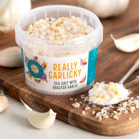 Cornish Sea Salt Really Garlicky Seasoning | Sea Salt Flakes w. Roasted Garlic | Hand-Harvested in Cornwall, England | 1.9 oz Resealable Tub (Pack...