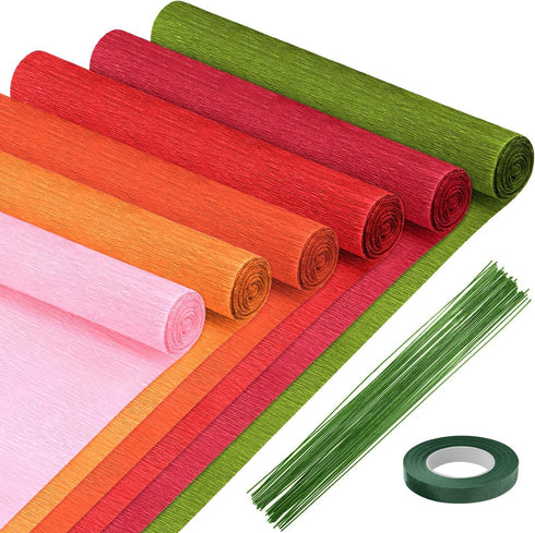 Mlurcu Crepe Paper 6 Rolls Red Crepe Paper 10 Inch Wide Crepe Paper Streamers Crepe Paper Flower Making Kits Green Floral Tape and Floral Stem Wir...
