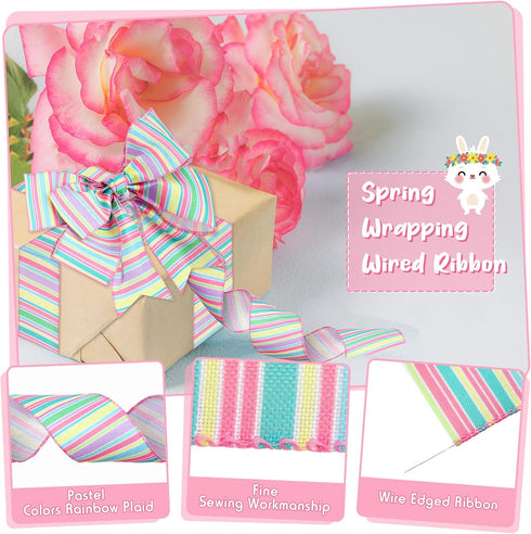 2 Rolls 20 Yards Spring Pastel Wired Edge Ribbon Easter Canvas Ribbon Horizontal Stripe Wired Ribbon Decorative Ribbon Easter Craft Ribbon for Wra...
