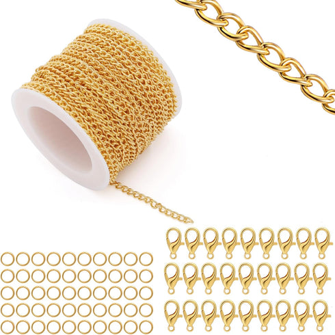 Lemonkey 33 Feet Metal Gold Necklace Chains Curb Links Chains Bulk for Jewelry Making DIY Craft Kit with Lobster Clasps Jump Rings...