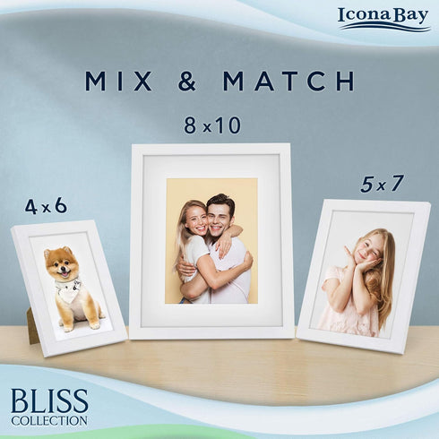 Icona Bay - 8x10 White Picture Frame with Removable Mat for 5x7 Photo - Modern Style Engineered Wood Frame - Table Top or Wall Mount - Bliss Colle...