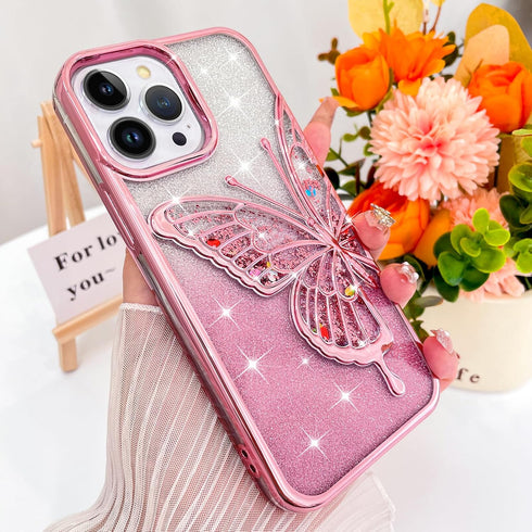 KANGHAR Compatible for iPhone 14 Pro Max Case 6.7 in, Clear Glitter Quicksand 3D Butterfly Bling Case for Women Girls Cute Gradient Sparkle Platin...