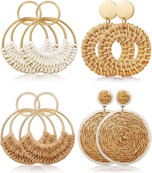 4 Pairs Handmade Raffia Rattan Bohemian Round Drop Dangle Earrings for Women, Boho Statement Cute Fun Hoop Earrings Set...
