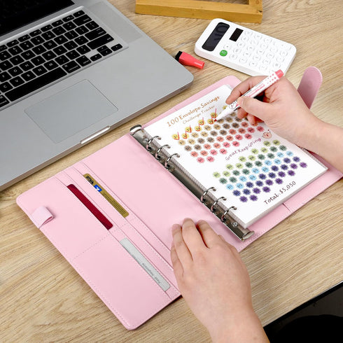 100 Envelope Challenge Binder, A5 Savings Binder with Cash Envelopes for Fun and Easy Savings $5,050 (Pink)...