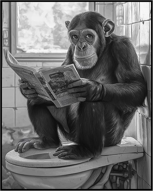 Posterizer 1 pcs-cute funny chimp reading newspaper on toilet-1-Bathroom Restroom Art-Art for Animal Lovers-Gift for Daughter, Son, Kids- unframed...