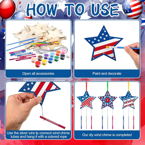 Sheroll 30 Pack 4th of July Wind Chime Kit for Kids DIY Craft Make Your Own Patriotic Star Wooden Wind Bell Decoration for Girls Boys Art Ornament...