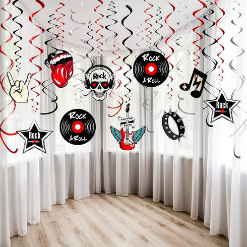 Blulu 30 Pcs Rock and Roll Theme Music Party Foil Swirl Decorations Retro Hanging Swirls Ceiling Decorations for 50s 60s Disco Party Event Supplie...