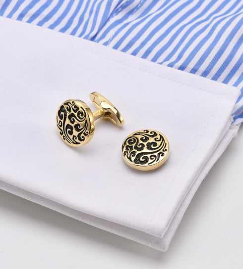 Engraved Lucky Clouds Pattern Cufflinks for Men Chinese Feng Shui Auspicious Totem Round Silver Golden Men's Cufflinks Jewelry for Wedding Party B...