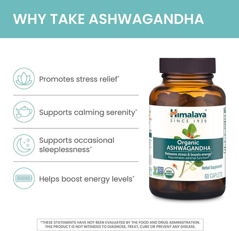 Himalaya Organic Ashwagandha, 60 Day Supply, Herbal Supplement for Stress Relief, Energy Support, Occasional Sleeplessness, Organic, Non-GMO, Vega...