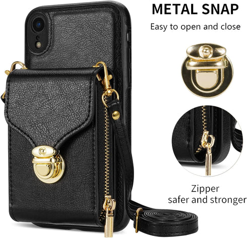 Compatible with iPhone XR 6.1 Wallet Case Crossbody Strap Leather Zipper Credit Card Holder Clasp Stand Cell Accessories Phone Cover for iPhoneXR ...